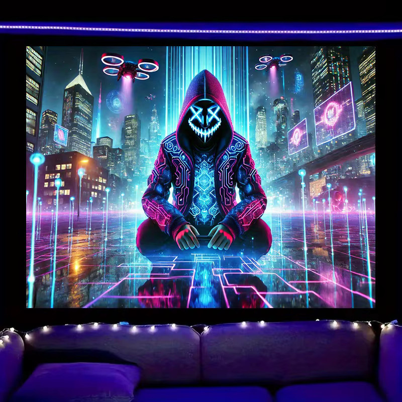 VIKAMA Cyberpunk Wandteppich mit Neon-Stadt-Nachtlandschaft und Masken-Mann, Mehrfarbig, B: 60 cm, H: 40 cm - Bild 2