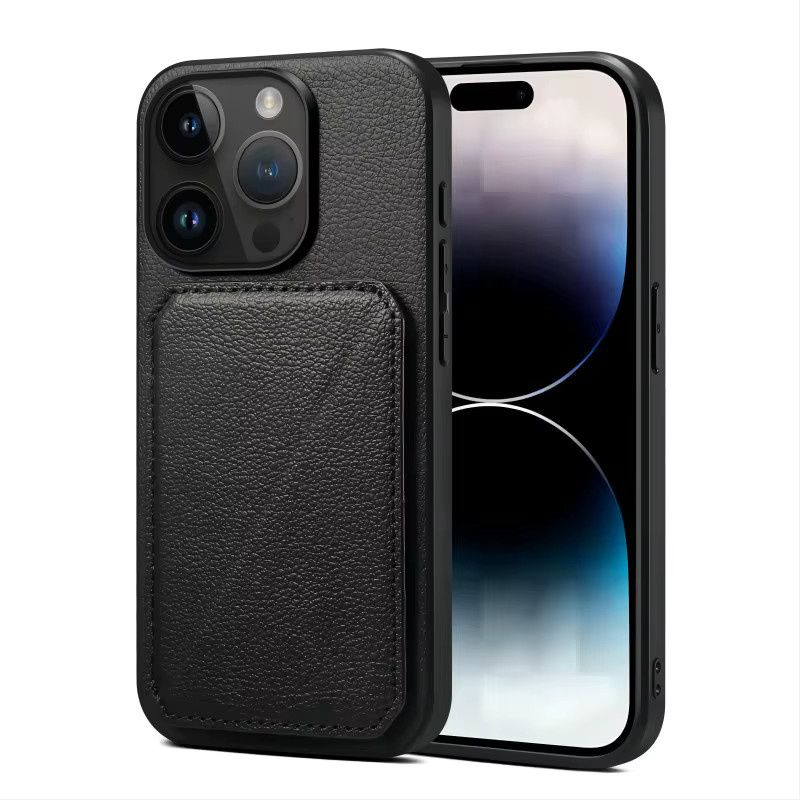 Denior Handyhülle aus Imitation Rindsleder für iPhone 15/14/13/12 Pro Max und weitere Modelle, Schwarz, mit Kartenfach und stoßfester Einlage - Bild 2