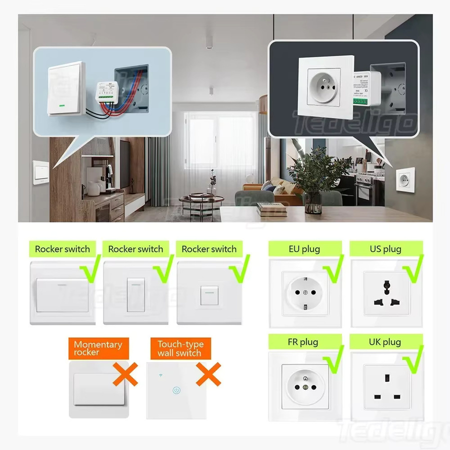 Tedeligo Kabelloser Fernbedienungs-Lichtschalter 433MHz 220V 110V 10A 2-Wege-Steuermodul mit Wandpanel-Schalter für LED-Lampen in Weiß - Bild 3