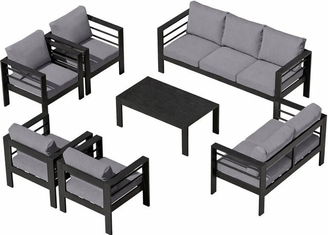 MeXo Gartenmöbel Set Loungeset für 9 Personen aus pulverbeschichtetem Aluminium in Schwarz mit Polsterung und UV-beständigen Kissen - Bild 1