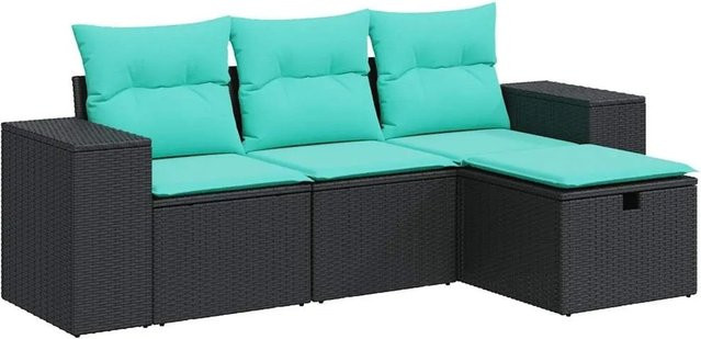 vidaXL 4-teilige Garten-Sofagarnitur in L-Form mit Polstern und Ottoman, Schwarz/Blau, Poly-Rattan und Metallrahmen - Bild 1