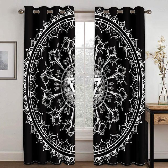 Vintage Totem Textur Vorhänge mit 3D-Effekt, 2er-Set Schwarz, B: 50 cm, H: 130 cm - Bild 1