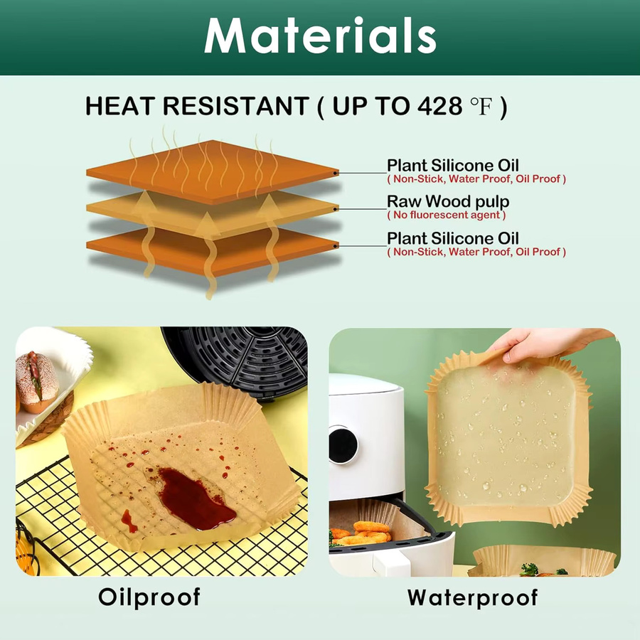 Quadratische Backpapierbögen aus Pergamentpapier für Ninja und COSORI Airfryer, braun, Breite: 20 cm - Bild 3