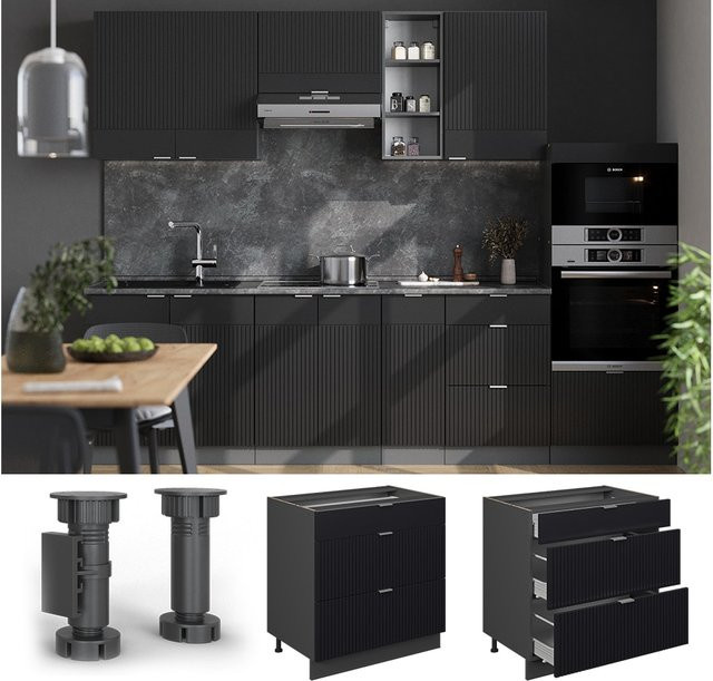 Vicco Schubladenunterschrank Fame-Line in Anthrazit und Schwarz gestreift mit Arbeitsplatte, Breite: 80 cm - Bild 1