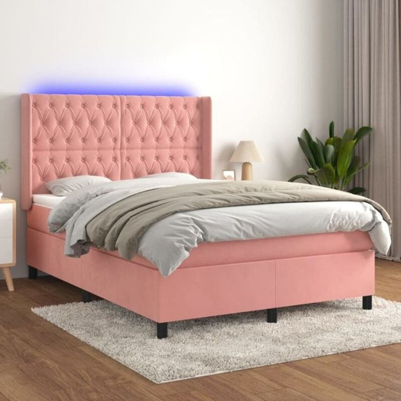 vidaxl Boxspringbett mit Matratze in Rosa und Weiß aus Samt, B/B: 140 x 190 cm - Bild 1