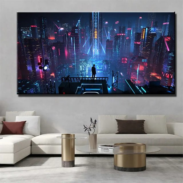 Cyberpunk Sci-Fi Leinwand Kunstdruck HALFLEMART mit Neonlichtern und nächtlicher Stadtlandschaft in Multicolour - Bild 1