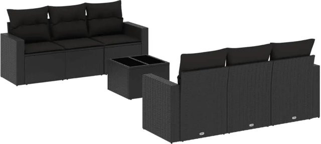vidaXL 7-tlg Garten-Sofagarnitur aus Poly-Rattan mit Kissen, Schwarz - Bild 1