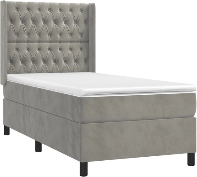 vidaXL Boxspringbett mit Matratze in Hellgrau, Hybridbett mit LED-Unterbettbeleuchtung und USB-Ladeport, Samt, B/T/H: 90 x 200 x 118 cm - Bild 1