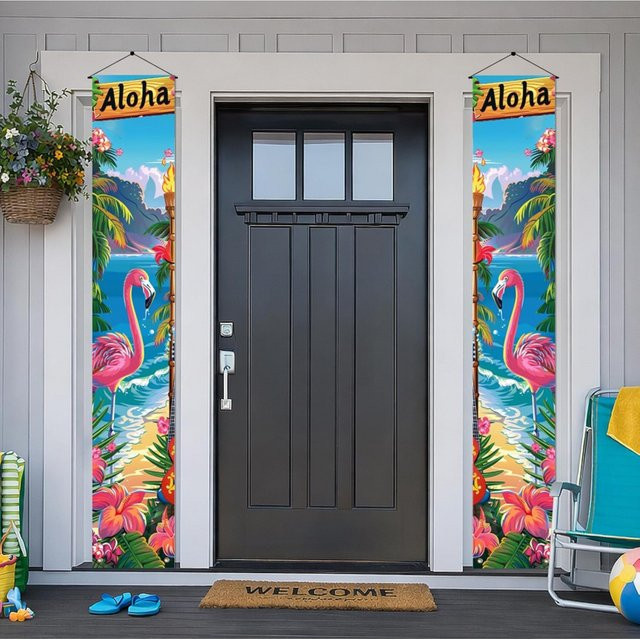 VIKAMA Sommer-Türbanner Flamingo und Surfbrett als maritime Strandparty-Dekoration für den Außenbereich, Mehrfarbig, B/H: 30 x 180 cm - Bild 1