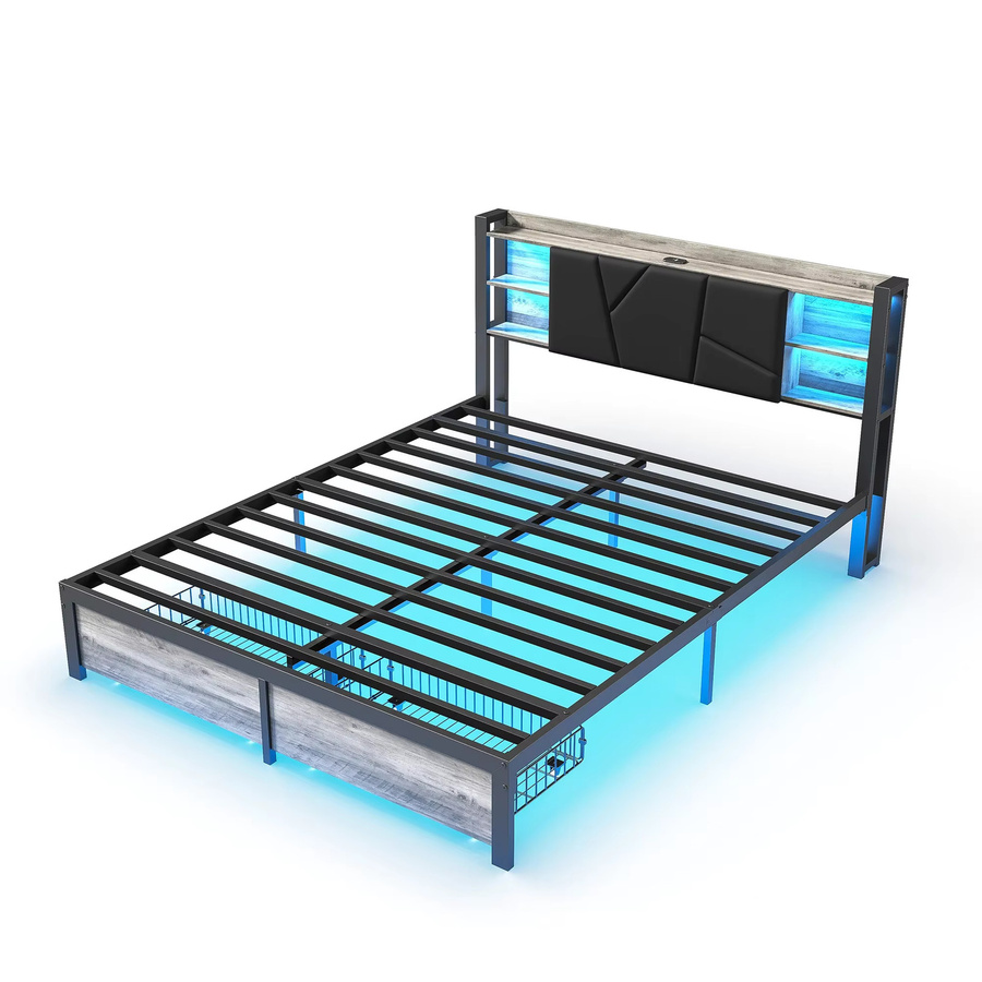 Comanlai Metallbettgestell mit LED-Beleuchtung, 2 Schubladen und USB-Ladeanschluss, modernes Doppelbett mit Lattenrost, B/T/H: 140 x 200 cm - Bild 5