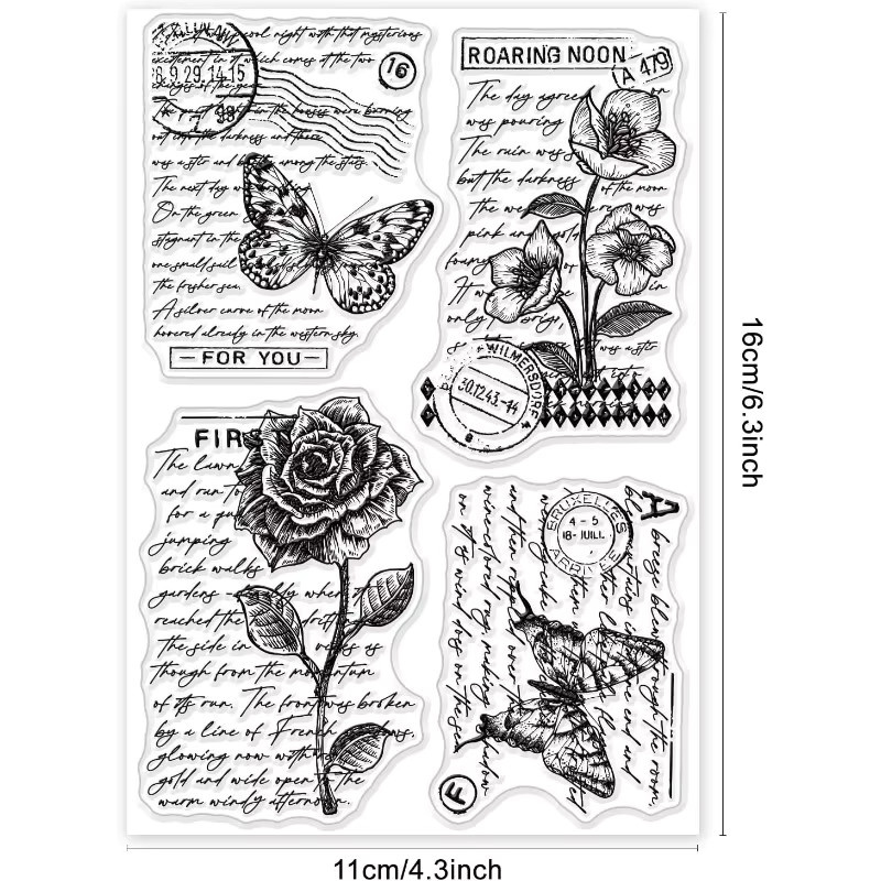 Vintage Floral Silikonstempel mit Schmetterling und Rose für Scrapbook und Journal, transparent - Bild 5