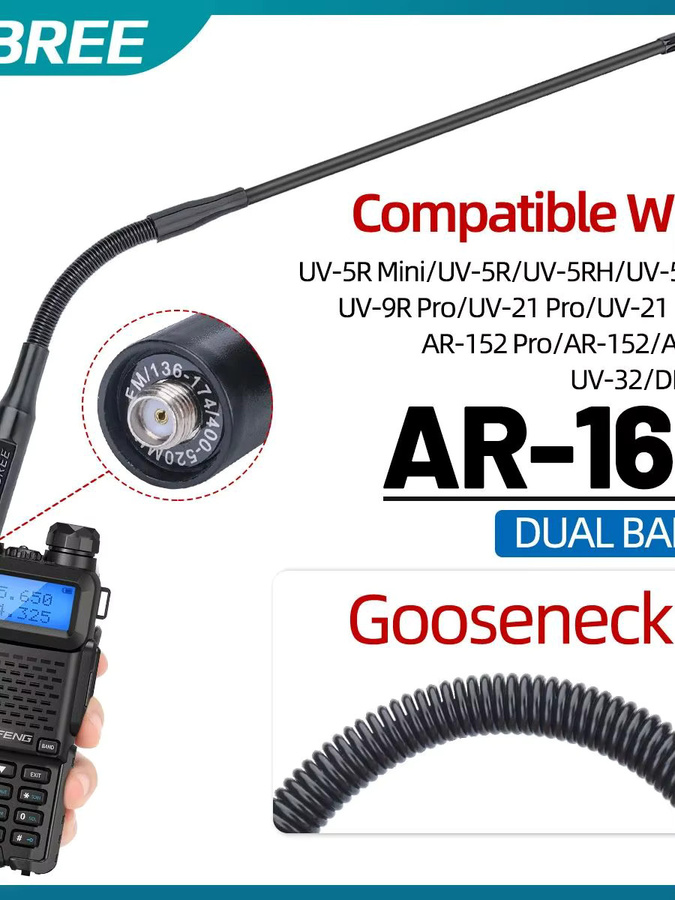 ABBREE AR-166 Schwanenhals Walkie Talkie Antenne mit SMA-Buchse, Dual Band UHF/VHF High Gain für BAOFENG UV-5R Mini UV-21PRO Ham Radio, Schwarz - Bild 6