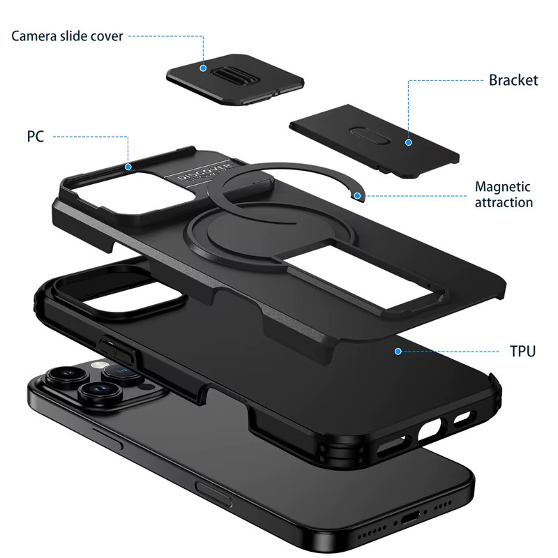 MagSafe Magnetische Schutzhülle für iPhone 16 15 14 13 12 11 Pro Max Plus 16e mit Kamera-Schutz und integriertem Standfuß in Schwarz - Bild 5