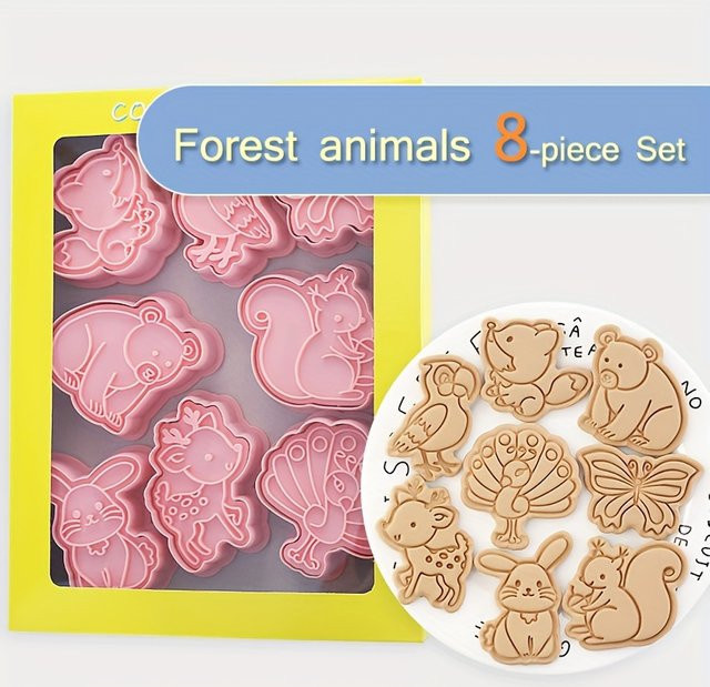 8-teiliges Set Keksformen mit Tiermotiven in Pink: Bär, Eichhörnchen, Hase, Pfau und Schmetterling aus Silikon für Fondant und Zuckerhandwerk - Bild 1