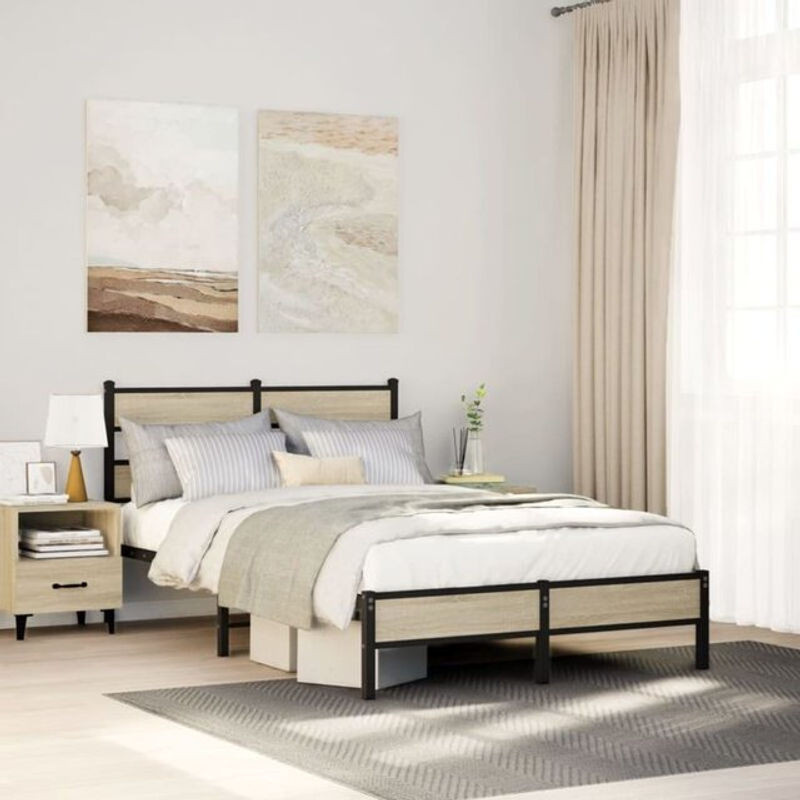 Bettgestell ohne Matratze Vidaxl in Sonoma-Eiche Natur aus Holzwerkstoff und Stahl B/T/H: 120 x 200 cm - Bild 1