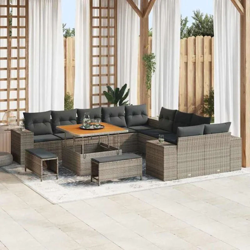 Vidaxl Garten-Sofa-Set aus Polyrattan und Akazie mit 13-teiligem Kissen-Set in Grau, B/T/H: 100 x 100 x 71 cm - Bild 1
