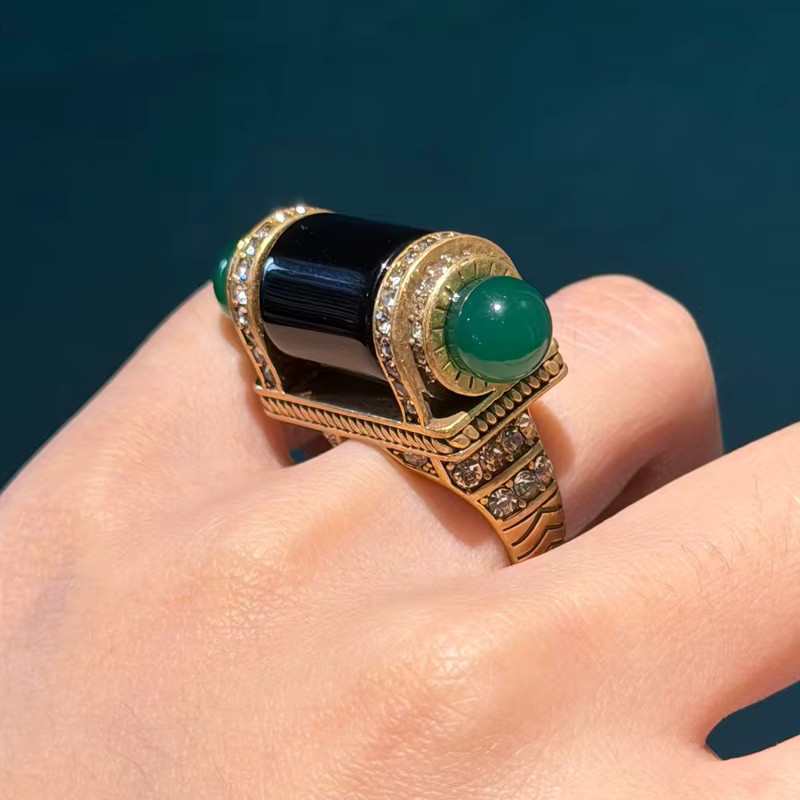 Icareu Ring, schwarzer Achat, grüner Naturstein, goldfarben, Damen - Bild 5