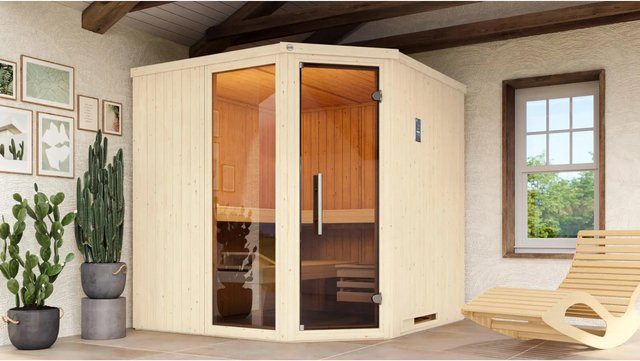 Weka Elementsauna Varberg 3 aus Fichtenholz in Braun inklusive 7,5 kW Ofenset, B/H/T: 194 x 199 x 194 cm - Bild 1