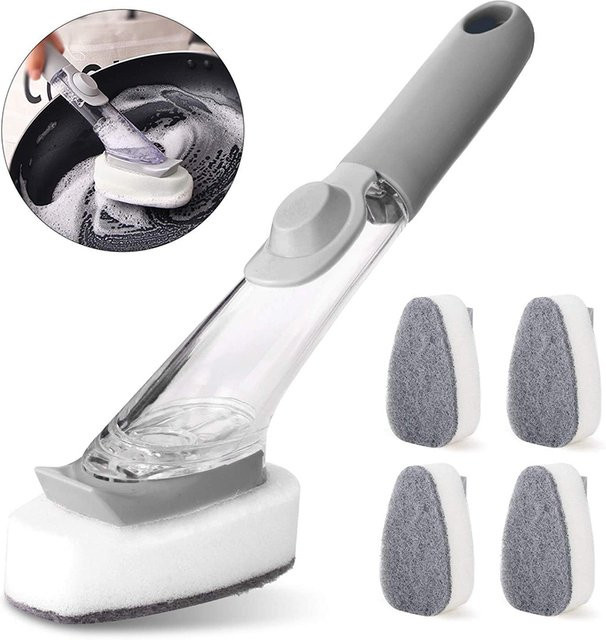 DOORSACCERY Press Pot Brush Set mit automatischer Nachfüllfunktion, grauer Reinigungsschwamm und Spülbürste für die Küche - Bild 1