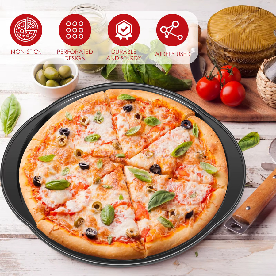 2 Stück Willstar Pizza Tabletts aus Kohlenstoffstahl, Antihaft-Backbleche mit Löchern und Griffen, Schwarz, Durchmesser: 35,56 cm - Bild 3