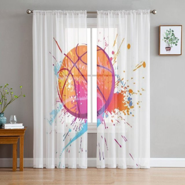 Super Six Transparentgardine aus weißem Tüll mit buntem Basketball-Motiv, Breite: 135 cm, Höhe: 114 cm - Bild 1