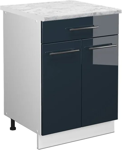 Vicco Küchenunterschrank Fame-Line in Dunkelblau Hochglanz und Weiß mit Schublade und Marmor-Optik, Breite: 60 cm - Bild 1