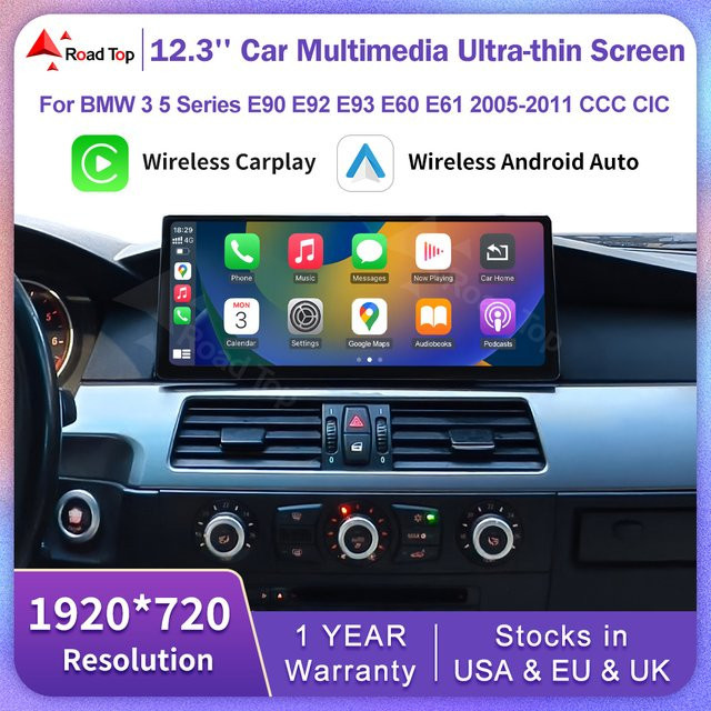 Road Top Wireless Carplay Multimedia Monitor mit 12,3-Zoll-Ultradünnbildschirm für BMW 5er E60 E61 und 3er E90 E91 E92 E93 CCC/CIC, Schwarz - Bild 1
