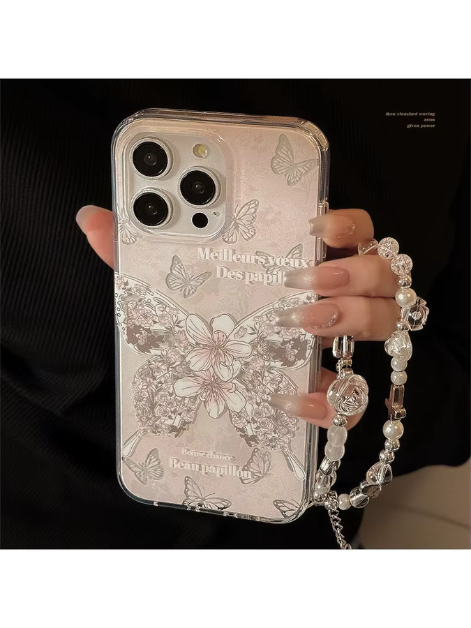 MUQGEW Handyhülle mit Koreanischem Blumen- und Schmetterlingsdesign sowie Armbandkette für iPhone 15 16 14 13 12 Pro Max, stoßfeste Dual Layer Schutzhülle - Bild 5