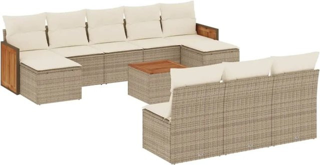 vidaXL 11-teilige Garten-Sofagarnitur aus Poly-Rattan und Akazienholz in Beige-Creme mit Kissen - Bild 1