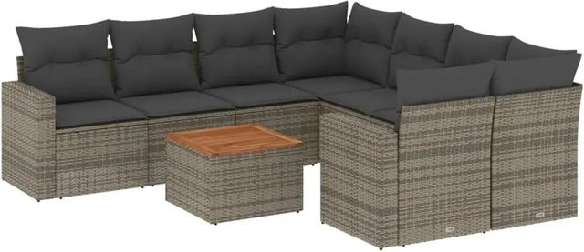 vidaXL 9-tlg Garten-Sofagarnitur aus Poly Rattan und Akazienholz in Grau mit Kissen Modell 62 - Bild 1