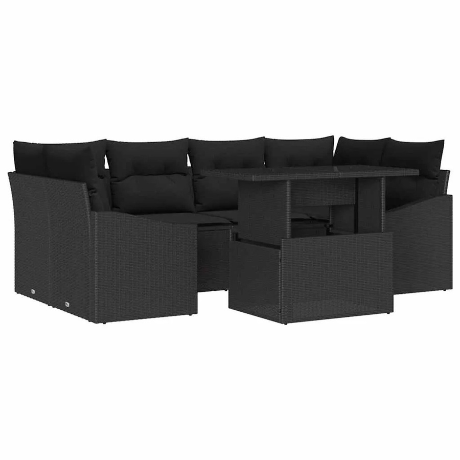 vidaXL Garten-Sofa-Set aus Poly Rattan in Schwarz, 7-teiliges L-Shape Lounge-Set mit Polstern und integriertem Stauraum - Bild 2