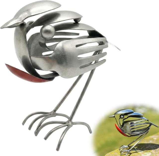 Handgefertigte Metall-Rotkehlchen-Vogelskulptur von Binchi Outdoor Product in Rot, Gelb und Silber zur Dekoration für Garten, Terrasse oder Schreibtisch - Bild 1