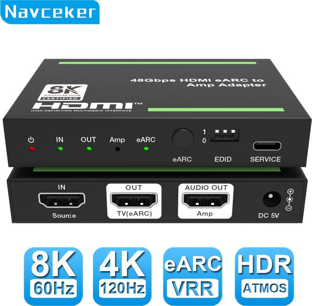 Navceke HDMI 2.1 eARC Audio-Extraktor und Splitter in Schwarz, unterstützt 4K 120Hz, 8K 60Hz und 48 Gbps für PS5, Xbox und Sonos Soundbar - Bild 1