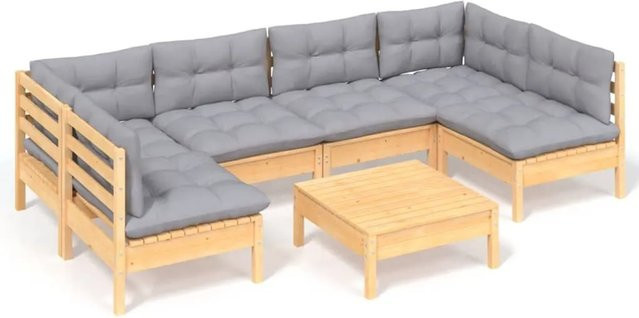 vidaXL 7-tlg. Garten-Lounge-Set aus massivem Kiefernholz in Braun-Grau mit grauen Polstern - Bild 1