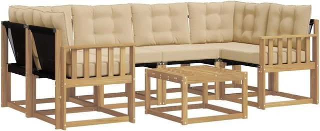vidaXL Outdoor-Sofagarnitur 7-teilig in U-Form aus Akazienholz mit Kissen und Couchtisch, Weiß und Beige - Bild 1
