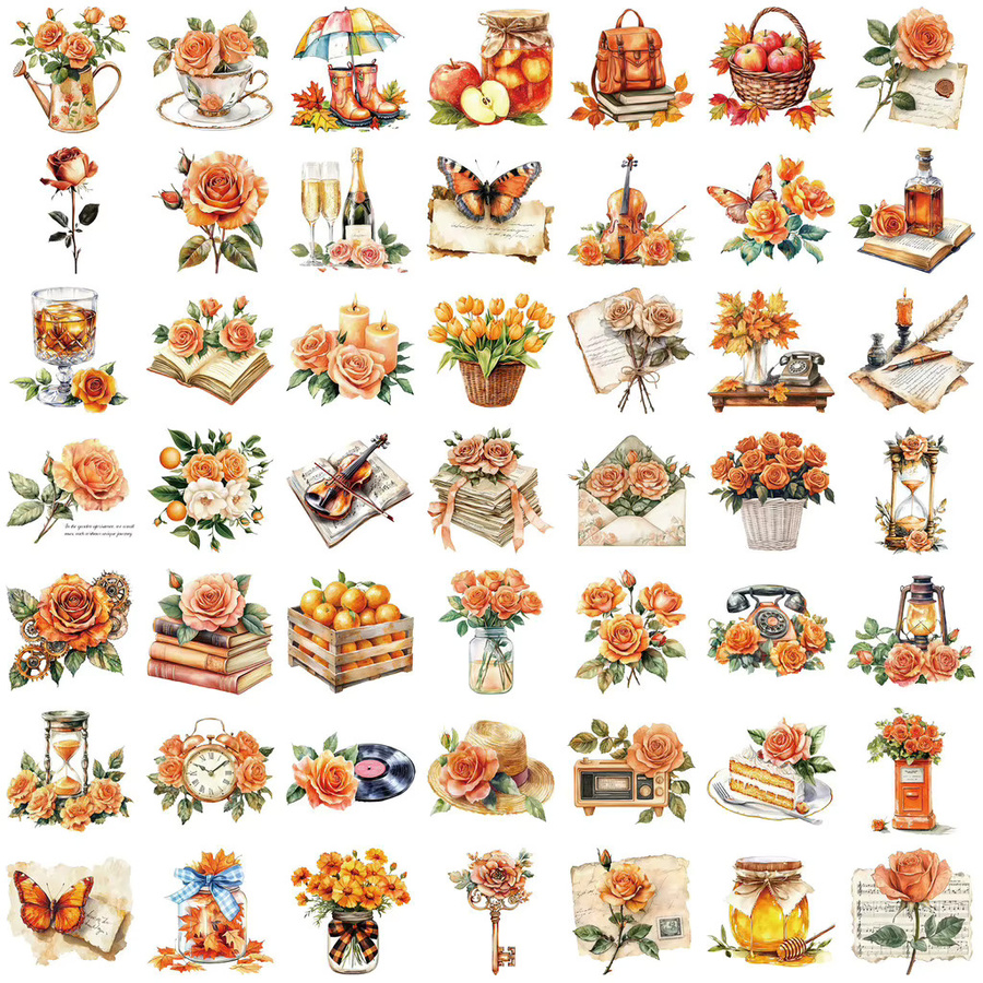 50 Stück transparente PET Aufkleber mit orangefarbenen Blumenknospen von AnimeWorlds Store für dein Sammelalbum, Notebook oder zur Dekoration von Gitarren - Bild 2