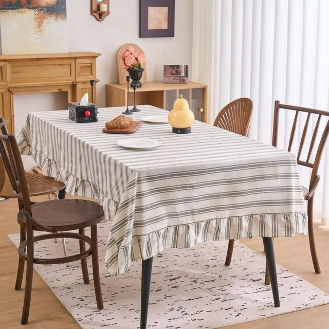 JMG Household Supplies Tischdecke aus Baumwoll-Leinen-Mischgewebe mit Streifen und Rüschen in Beige, B: 140 cm, L: 180 cm - Bild 1