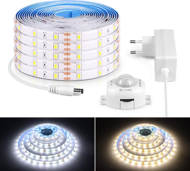 Lcamaw Wasserdichter 2835 SMD LED-Streifen in Warmweiß mit PIR Bewegungssensor und Netzadapter für die Unterschrankbeleuchtung - Bild 1