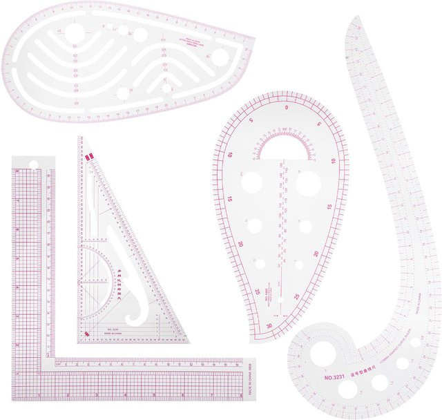 5 Stück Shoemst Nählineale aus Kunststoff, multifunktionale kurvenförmige Graduierung für die Kleiderherstellung, Farben: Weiß, Pink und Transparent - Bild 1