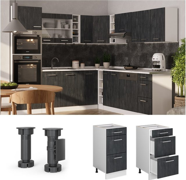 Vicco Schubladenunterschrank R-Line in Schwarz Beton und Weiß mit Arbeitsplatte in Weiß-Marmor, Breite: 40 cm, Tiefe: 40 cm - Bild 1