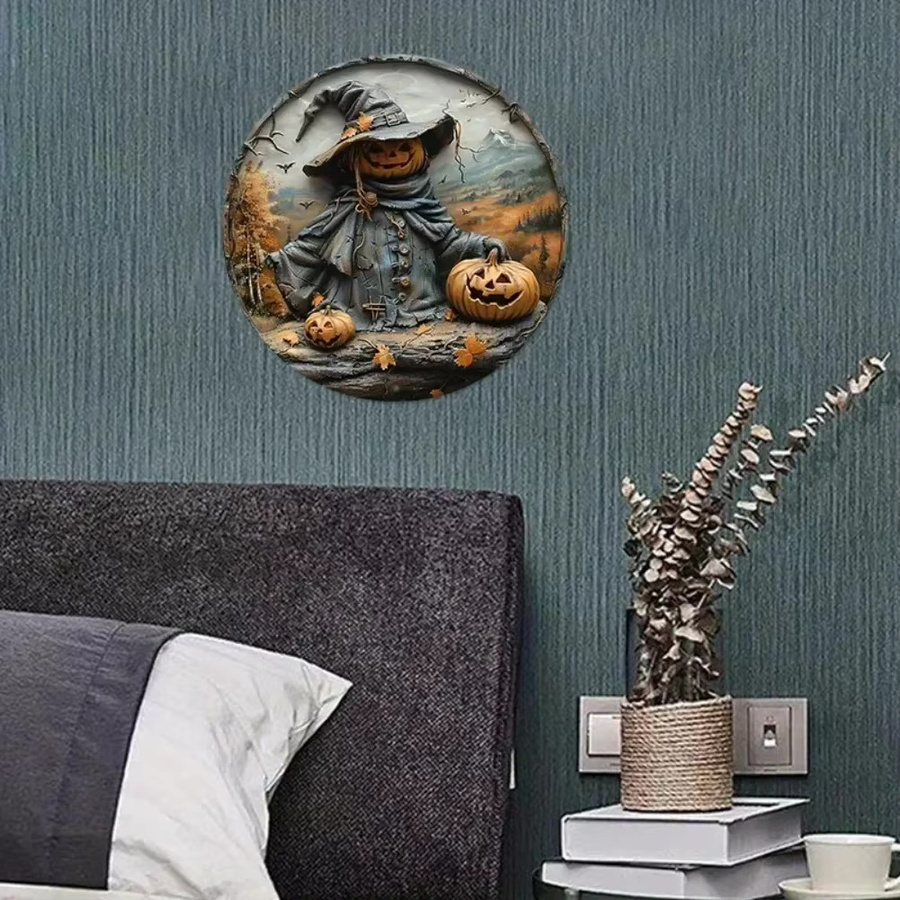 CIFBUY Vintage Halloween Wandskulptur aus Metall mit Kürbis und Vogelscheuche, runde Aluminium-Plakette, Mehrfarbig, Durchmesser: 20,32 cm - Bild 6