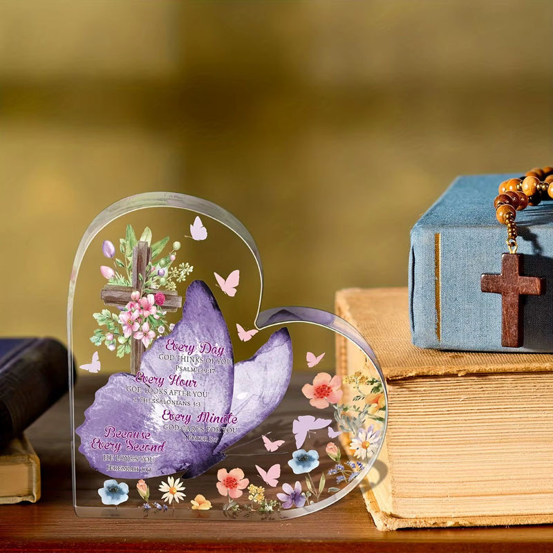 Inspirierende christliche Schreibtischdekoration aus transparentem Acryl mit Herzform, Schmetterling und floralem Design - Bild 2