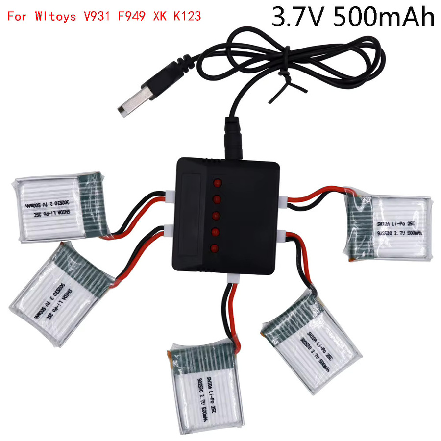 5er-Set LiPo-Akku mit 5-in-1-Ladegerät für RC Hubschrauber und Drohnen, 3,7V 500mAh 25C, Gelb - Bild 2