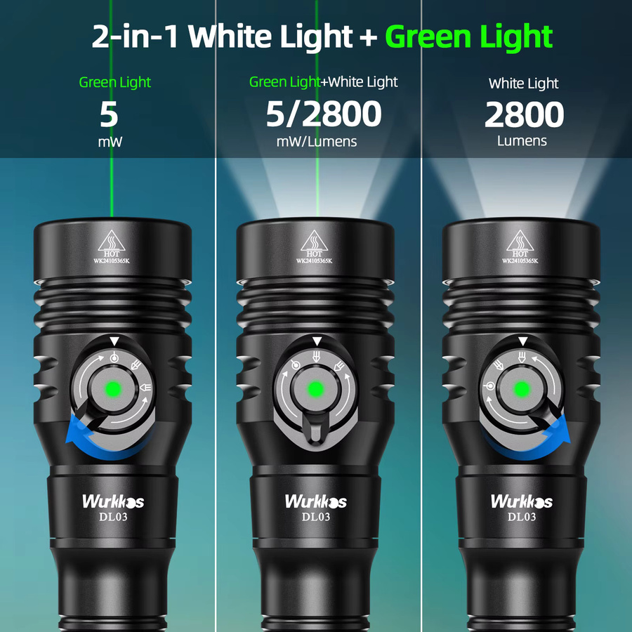 Wurkkos DL03 Tauchlampe in Schwarz mit 2800 Lumen, IPX8 wasserdicht, Weiß- und Grünlicht, Doppelschalter und Rückwärtsladung - Bild 3
