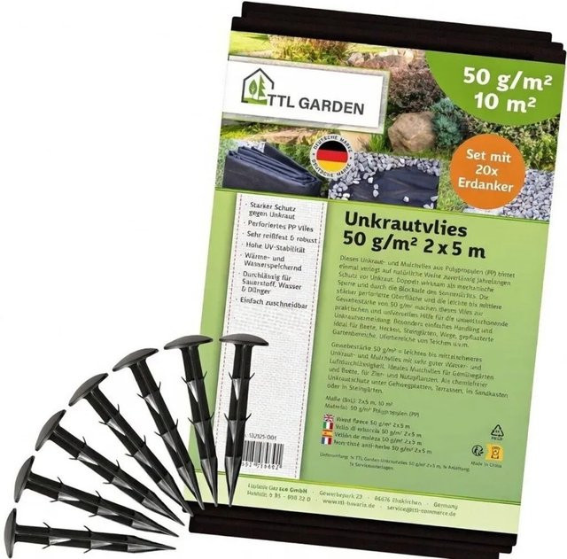 TTL GARDEN Unkrautvlies Schwarz 50g/m² 2x5m inklusive 20 Erdankern UV-stabil - Bild 1
