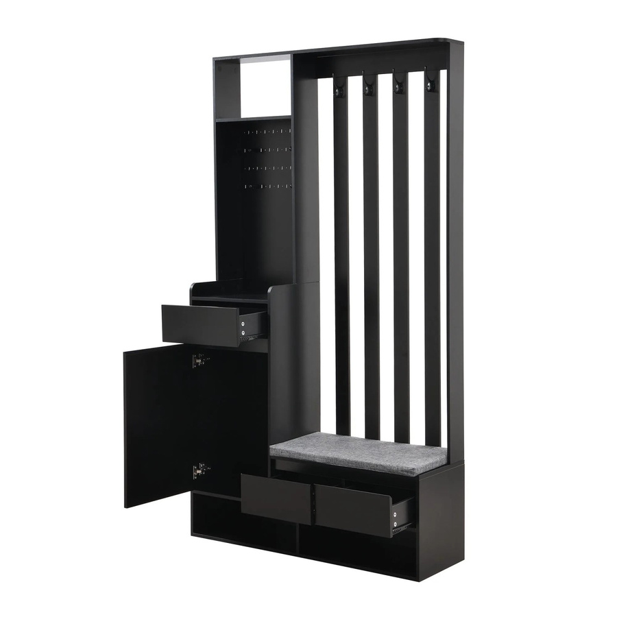 okwish Flurgarderobe mit Schuhbank und 4 Haken in Schwarz, B/T/H: 100 x 35 x 180 cm - Bild 2