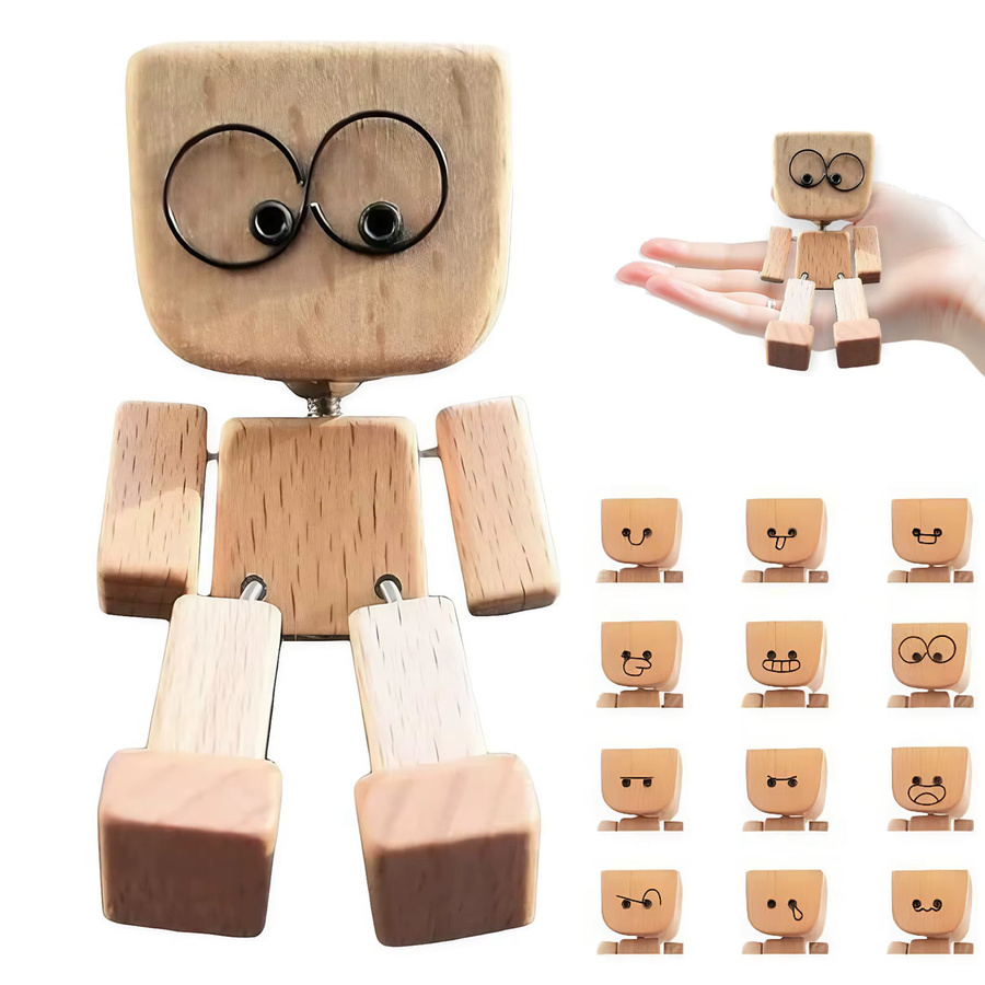 BoFaCarry Handgefertigte Auto-Schüttel-Mann-Figur aus Holz in Braun mit 12 magnetischen Gesichtsausdrücken - Bild 5