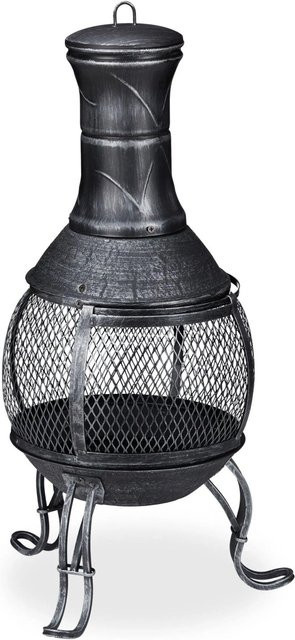 Relaxdays Aztekenofen Chiminea aus Stahl und Gusseisen in Silbergrau mit Funkenschutzgitter, Deckel, Rost und Schürhaken, Höhe: 89 cm, Breite: 45 cm, Tiefe: 45 cm - Bild 1