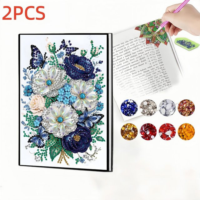 2-teiliges Diamond-Painting-Set mit Notizbuch und Lesezeichen aus PU-Leder in Multicolour mit Blumen- und Schmetterlingsmuster - Bild 1