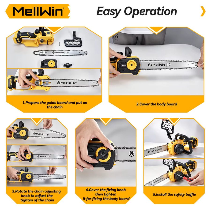 MELLWIN 12-Zoll Bürstenlose Elektrische Kettensäge in Gelb für Makita 18V Akku - Bild 5
